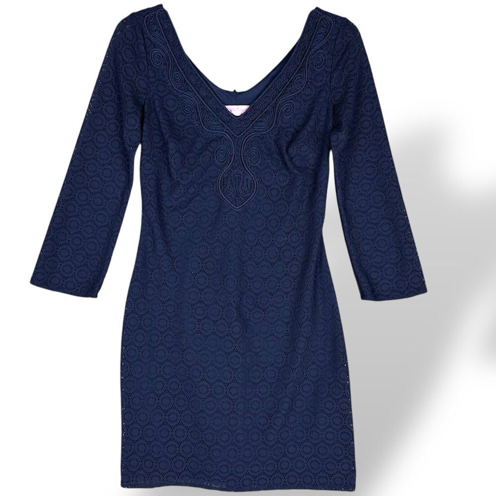 Lilly Pulitzer Alden Navy Sheath Dress WMNS SZ XS Crochet Lace 3/4 Sleeves EUC